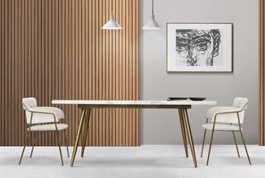 Scandinavian bedroom with light oak wall panels and beige suede upholstered bed